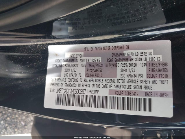 Aukcja sprzedaży 2021 Mazda Cx-9 Grand Touring, vin: JM3TCADY7M0500387, numer aukcji: 45210406