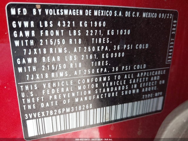 45210413 :رقم المزاد ، 3VVEX7B26PM318268 vin ، 2023 Volkswagen Taos 1.5t Se مزاد بيع