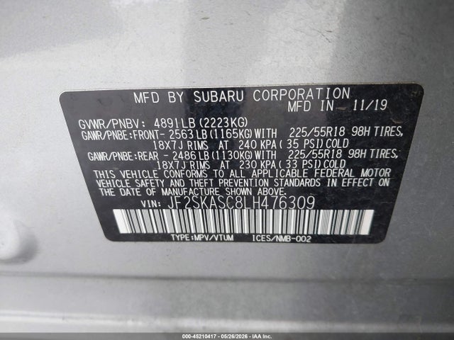 Subaru Forester Limited 2020 JF2SKASC8LH476309 Image 9