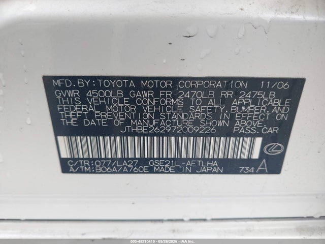 Aukcja sprzedaży 2007 Lexus Is 350, vin: JTHBE262972009226, numer aukcji: 45210419