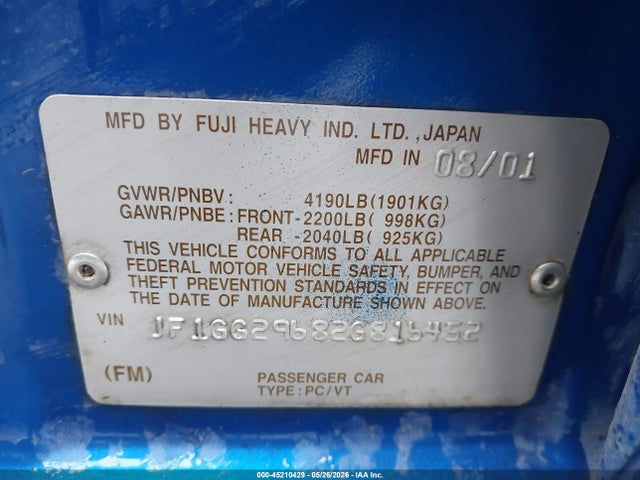 Aukcja sprzedaży 2002 Subaru Impreza Wrx, vin: JF1GG29682G816452, numer aukcji: 45210429