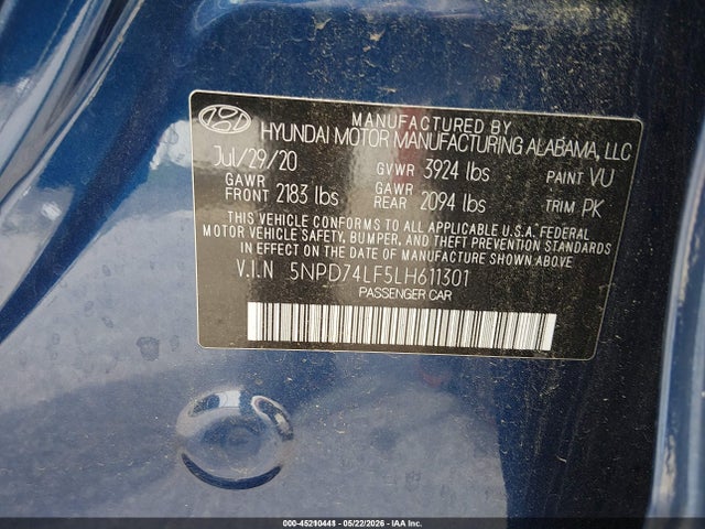45210441 :رقم المزاد ، 5NPD74LF5LH611301 vin ، 2020 Hyundai Elantra Se مزاد بيع