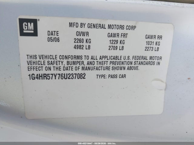 2006 Buick Lucerne Cxl მანქანა იყიდება აუქციონზე, vin: 1G4HR57Y76U237082, აუქციონის ნომერი: 45210447