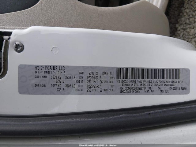 45210449 :رقم المزاد ، 2C4RDGCGXKR802707 vin ، 2019 Dodge Grand Caravan Sxt مزاد بيع