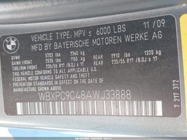 Продаж на аукціоні авто 2010 Bmw X3 Xdrive30i, vin: WBXPC9C48AWJ33888, номер лоту: 45210450