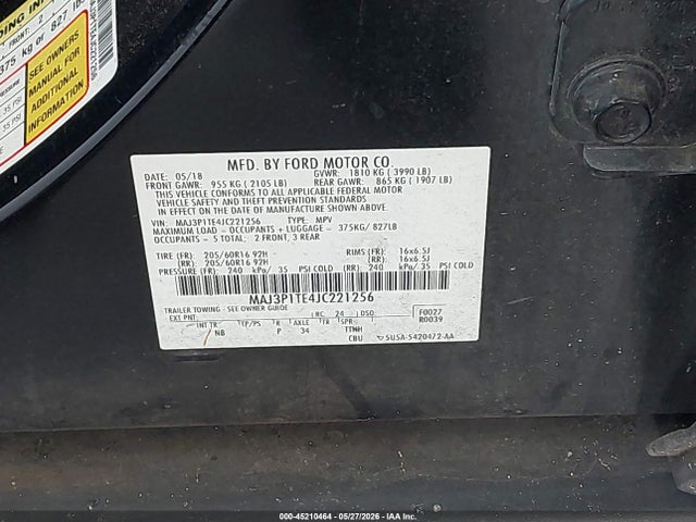 Продаж на аукціоні авто 2018 Ford Ecosport Se, vin: MAJ3P1TE4JC221256, номер лоту: 45210464