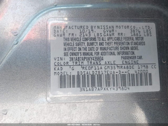 Aukcja sprzedaży 2019 Nissan Sentra Sv, vin: 3N1AB7APXKY439804, numer aukcji: 45210465