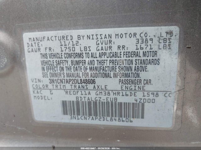 Продаж на аукціоні авто 2013 Nissan Versa 1.6 Sl, vin: 3N1CN7AP2DL848606, номер лоту: 45210467