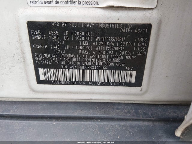 45210468 :رقم المزاد ، 4S4BRBLCXB3409166 vin ، 2011 Subaru Outback 2.5i Limited مزاد بيع