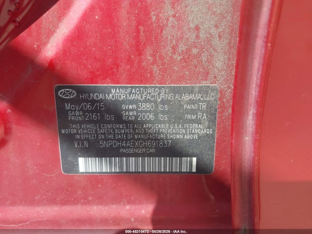 2016 Hyundai Elantra Se მანქანა იყიდება აუქციონზე, vin: 5NPDH4AEXGH691837, აუქციონის ნომერი: 45210472