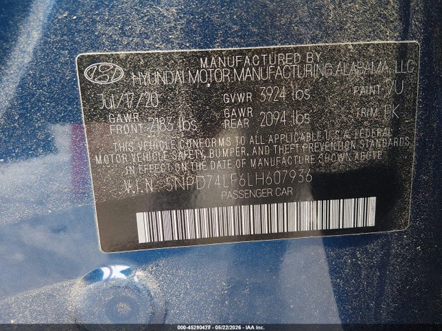 Aukcja sprzedaży 2020 Hyundai Elantra Se, vin: 5NPD74LF6LH607936, numer aukcji: 45210477