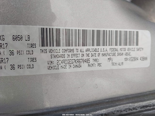 2019 Dodge Grand Caravan Gt მანქანა იყიდება აუქციონზე, vin: 2C4RDGEG7KR670485, აუქციონის ნომერი: 45210504