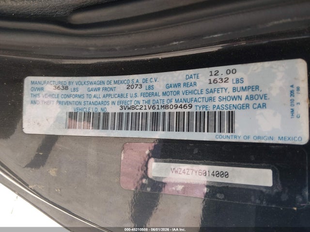 Продажа на аукционе авто 2001 Volkswagen Cabrio Gl, vin: 3VWBC21V61M809469, номер лота: 45210508