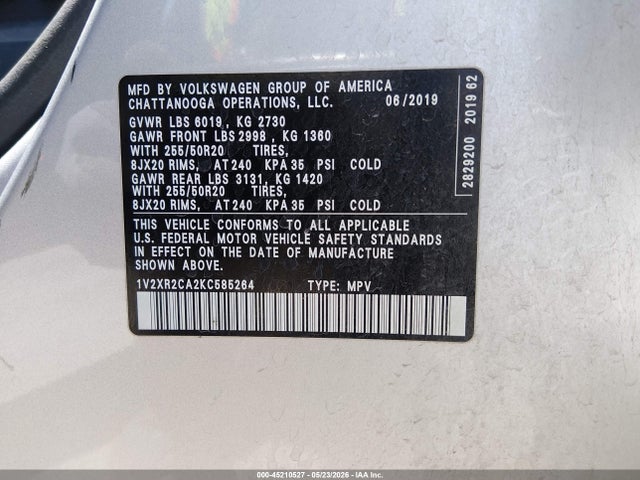 Продажа на аукционе авто 2019 Volkswagen Atlas 3.6l V6 Se W/technology R-line, vin: 1V2XR2CA2KC585264, номер лота: 45210527