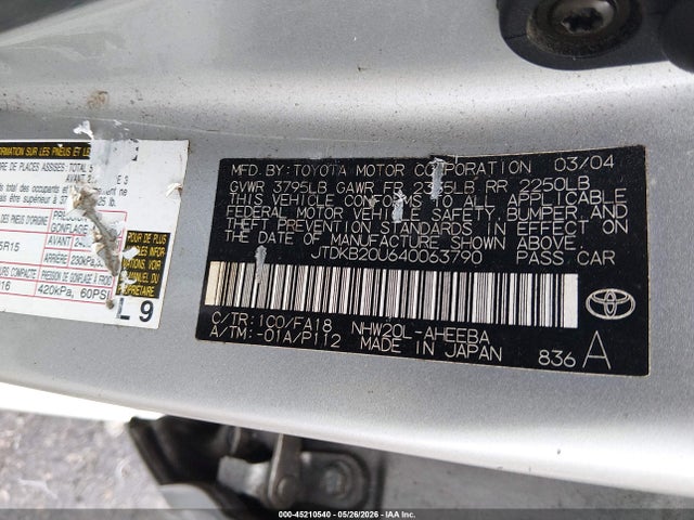 45210540 :رقم المزاد ، JTDKB20U640063790 vin ، 2004 Toyota Prius مزاد بيع