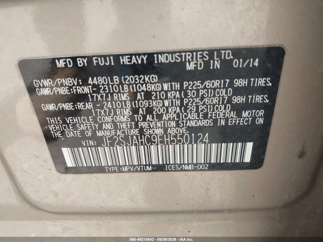 Продажа на аукционе авто 2014 Subaru Forester 2.5i Limited, vin: JF2SJAHC9EH550124, номер лота: 45210542