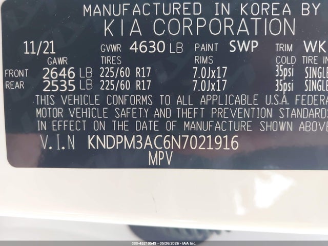 45210549 :رقم المزاد ، KNDPM3AC6N7021916 vin ، 2022 Kia Sportage Lx مزاد بيع