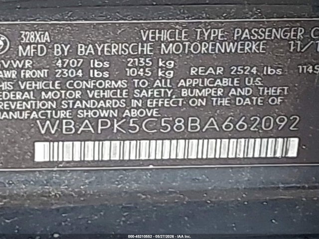 2011 Bmw 328i Xdrive მანქანა იყიდება აუქციონზე, vin: WBAPK5C58BA662092, აუქციონის ნომერი: 45210552
