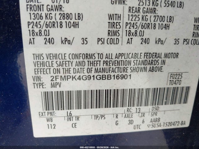 2016 Ford Edge Se მანქანა იყიდება აუქციონზე, vin: 2FMPK4G91GBB16901, აუქციონის ნომერი: 45210555