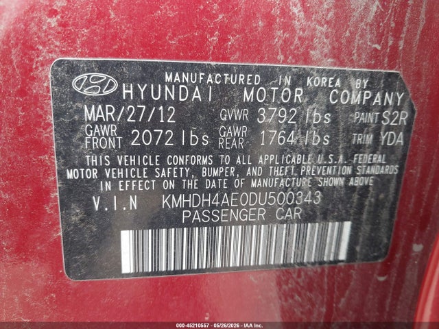 2013 Hyundai Elantra Gls მანქანა იყიდება აუქციონზე, vin: KMHDH4AE0DU500343, აუქციონის ნომერი: 45210557