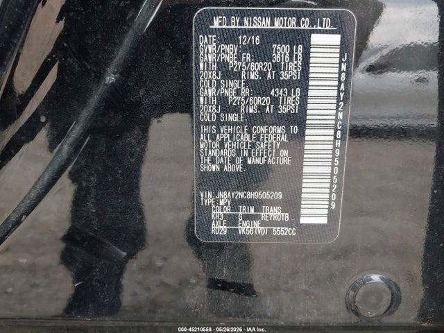 Aukcja sprzedaży 2017 Nissan Armada Platinum, vin: JN8AY2NC8H9505209, numer aukcji: 45210558
