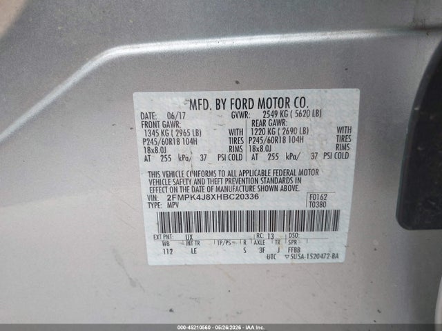 Aukcja sprzedaży 2017 Ford Edge Sel, vin: 2FMPK4J8XHBC20336, numer aukcji: 45210560