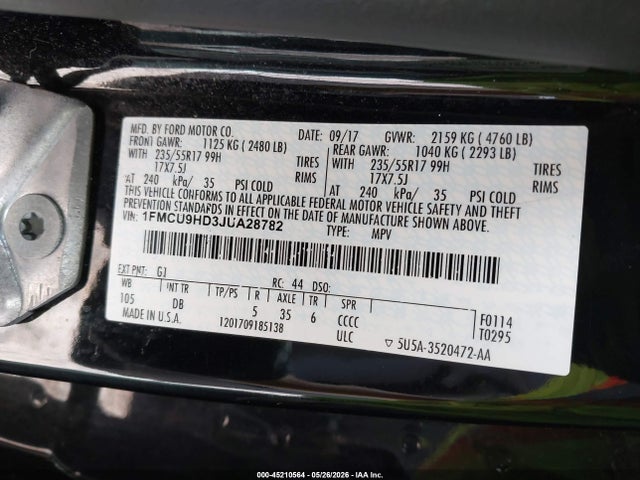 2018 Ford Escape Sel მანქანა იყიდება აუქციონზე, vin: 1FMCU9HD3JUA28782, აუქციონის ნომერი: 45210564
