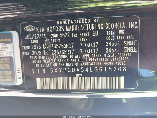 2020 Kia Sorento 3.3l Lx მანქანა იყიდება აუქციონზე, vin: 5XYPGDA54LG615208, აუქციონის ნომერი: 45210566