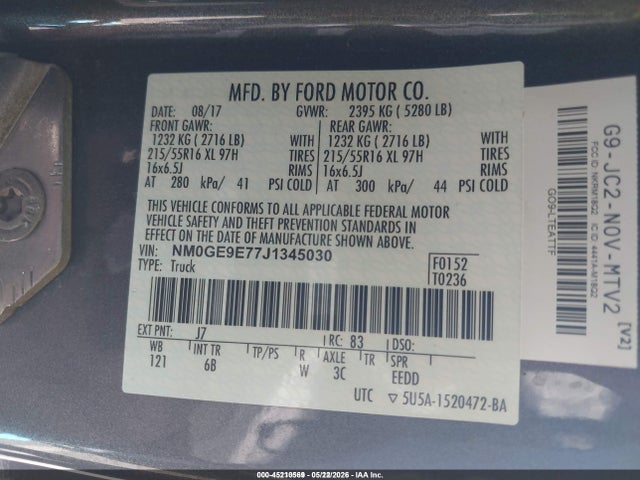 Aukcja sprzedaży 2018 Ford Transit Connect Xl, vin: NM0GE9E77J1345030, numer aukcji: 45210569