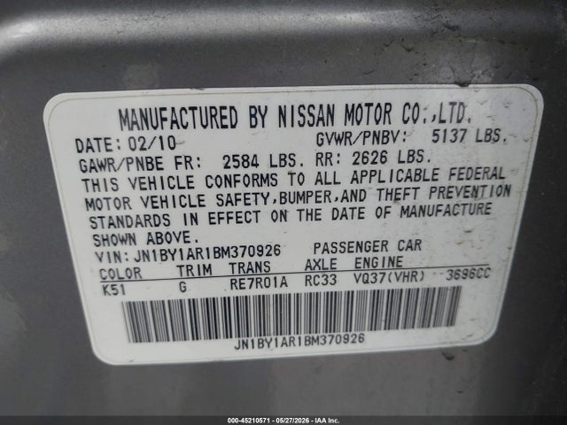45210571 :رقم المزاد ، JN1BY1AR1BM370926 vin ، 2011 Infiniti M37x مزاد بيع
