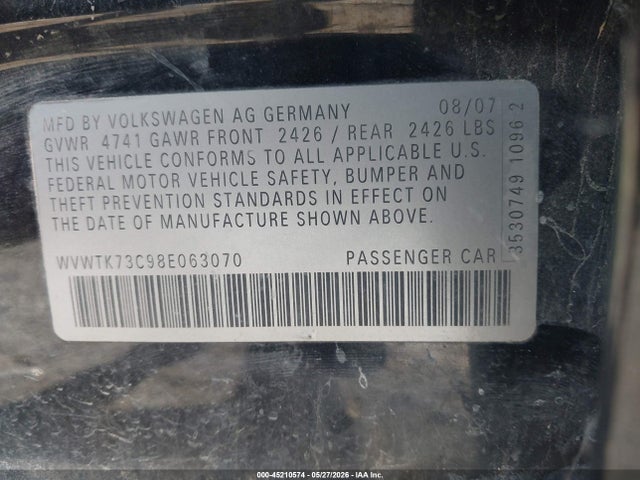 Aukcja sprzedaży 2008 Volkswagen Passat Lux, vin: WVWTK73C98E063070, numer aukcji: 45210574