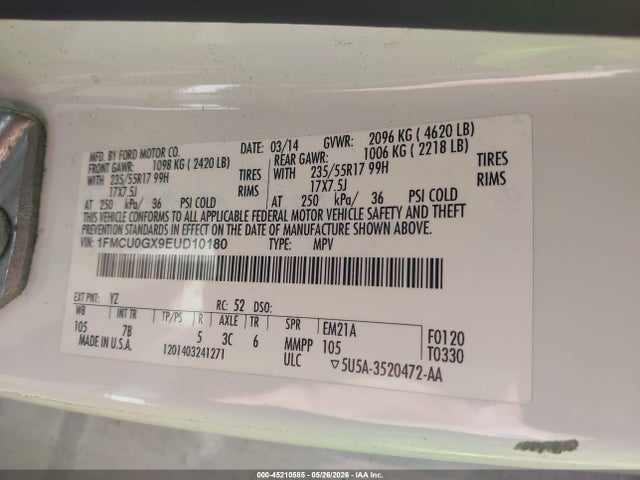 Продаж на аукціоні авто 2014 Ford Escape Se, vin: 1FMCU0GX9EUD10180, номер лоту: 45210585