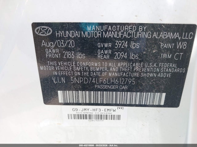 Aukcja sprzedaży 2020 Hyundai Elantra Se, vin: 5NPD74LF6LH612795, numer aukcji: 45210599