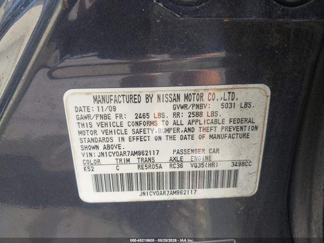 45210600 :رقم المزاد ، JN1CY0AR7AM962117 vin ، 2010 Infiniti M35x مزاد بيع