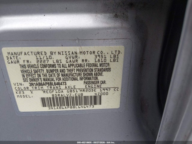 Продажа на аукционе авто 2011 Nissan Sentra 2.0sl, vin: 3N1AB6AP8BL646473, номер лота: 45210605
