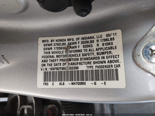 2012 Honda Civic Ex მანქანა იყიდება აუქციონზე, vin: 19XFB2F88CE003396, აუქციონის ნომერი: 45210608