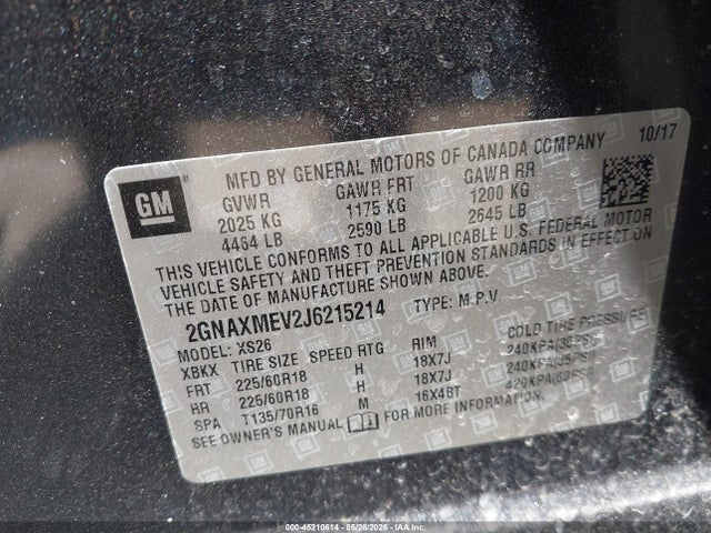 2018 Chevrolet Equinox Premier მანქანა იყიდება აუქციონზე, vin: 2GNAXMEV2J6215214, აუქციონის ნომერი: 45210614