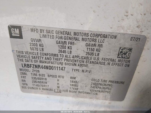 45210616 :رقم المزاد ، LRBFZNR44ND011147 vin ، 2022 Buick Envision Fwd Essence مزاد بيع