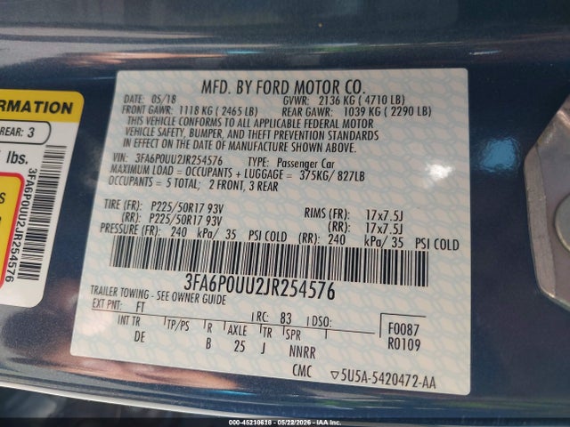 Aukcja sprzedaży 2018 Ford Fusion Hybrid S, vin: 3FA6P0UU2JR254576, numer aukcji: 45210618