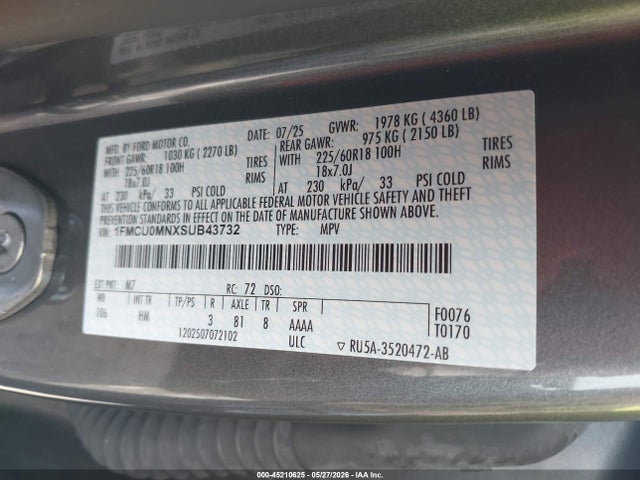 45210625 :رقم المزاد ، 1FMCU0MNXSUB43732 vin ، 2025 Ford Escape St-line مزاد بيع