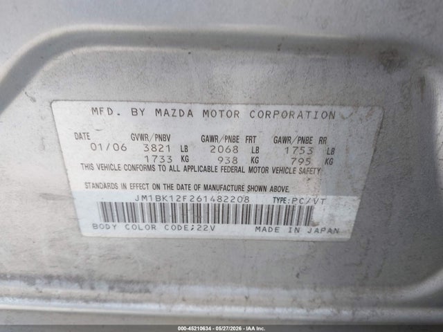 2006 Mazda Mazda3 I მანქანა იყიდება აუქციონზე, vin: JM1BK12F261482208, აუქციონის ნომერი: 45210634