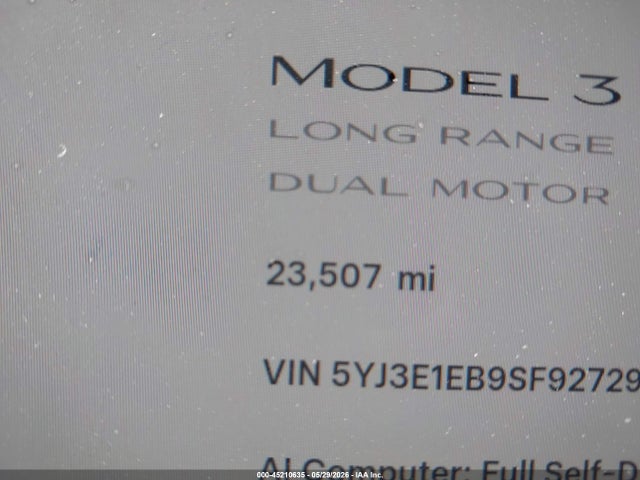 2025 Tesla Model 3 Long Range All-wheel Drive მანქანა იყიდება აუქციონზე, vin: 5YJ3E1EB9SF927291, აუქციონის ნომერი: 45210635