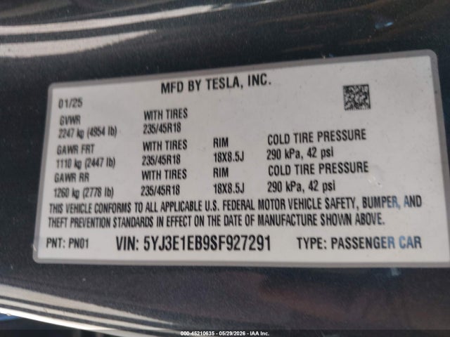 2025 Tesla Model 3 Long Range All-wheel Drive მანქანა იყიდება აუქციონზე, vin: 5YJ3E1EB9SF927291, აუქციონის ნომერი: 45210635
