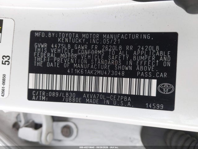 Aukcja sprzedaży 2021 Toyota Camry Xse, vin: 4T1K61AK2MU473048, numer aukcji: 45210640