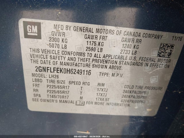 Продаж на аукціоні авто 2017 Chevrolet Equinox Lt, vin: 2GNFLFEK0H6249116, номер лоту: 45210647
