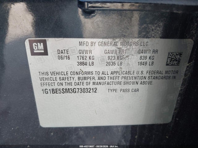 45210657 :رقم المزاد ، 1G1BE5SM3G7303212 vin ، 2016 Chevrolet Cruze Lt Auto مزاد بيع