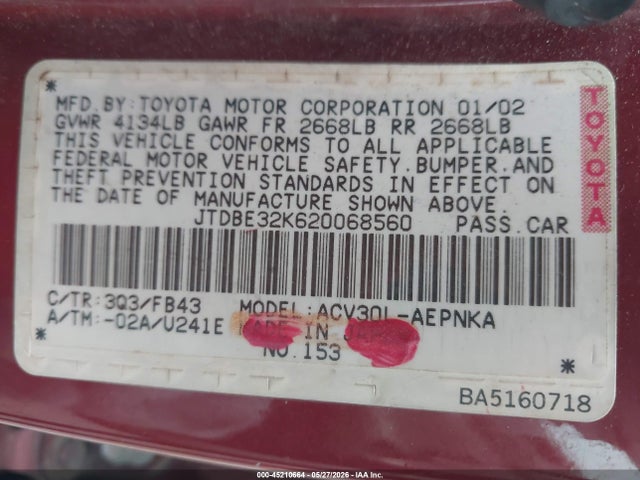 45210664 :رقم المزاد ، JTDBE32K620068560 vin ، 2002 Toyota Camry Le مزاد بيع