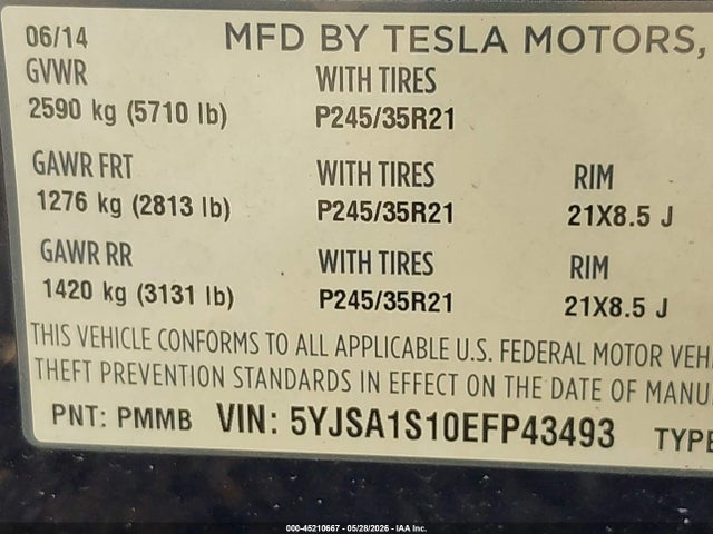 Aukcja sprzedaży 2014 Tesla Model S, vin: 5YJSA1S10EFP43493, numer aukcji: 45210667