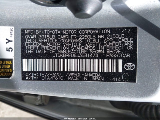 Aukcja sprzedaży 2018 Toyota Prius Two, vin: JTDKBRFU8J3581474, numer aukcji: 45210671