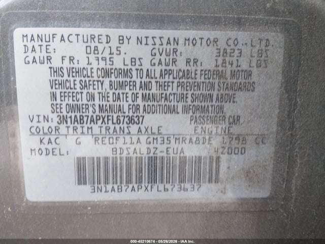 45210674 :رقم المزاد ، 3N1AB7APXFL673637 vin ، 2015 Nissan Sentra Sv مزاد بيع